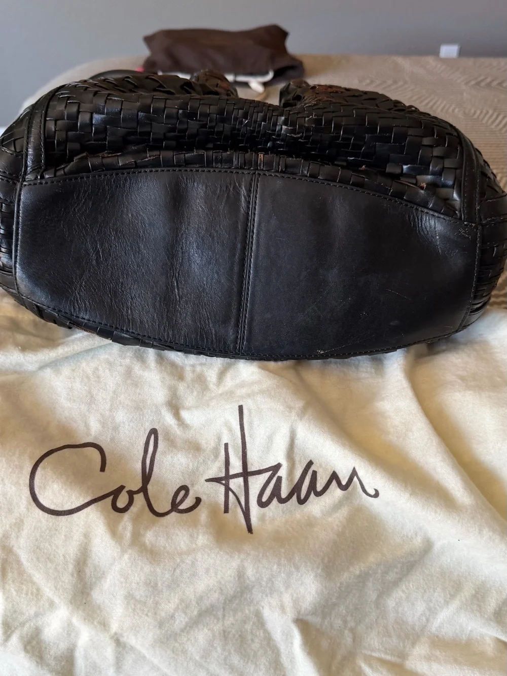 Cole Haan Black Woven Leather Hobo with Silver-Tone Accents